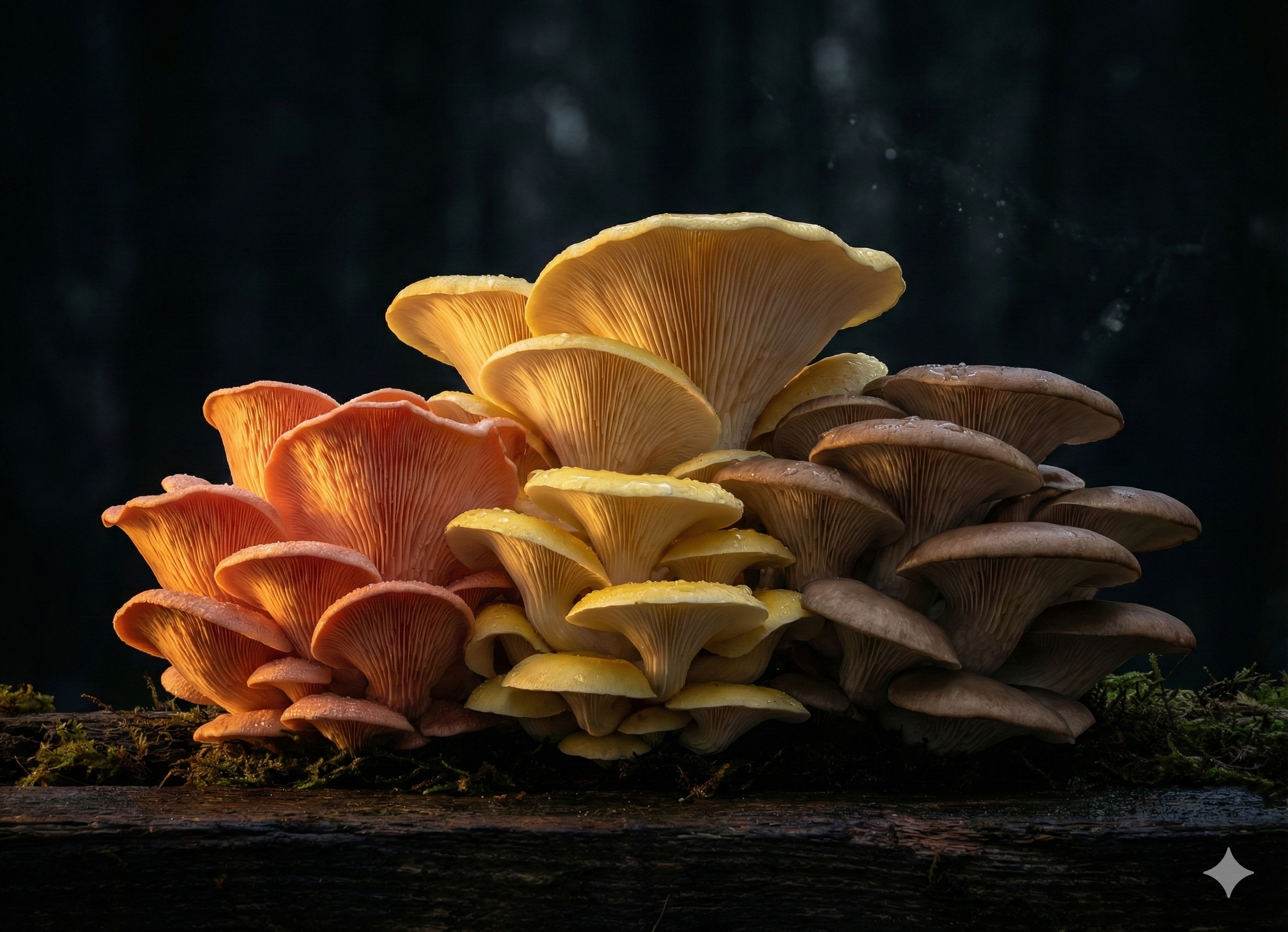 BLACK FUNGI FRIDAY: Bunte Pilze in verschiedenen Farben auf einem Baumstamm im Wald