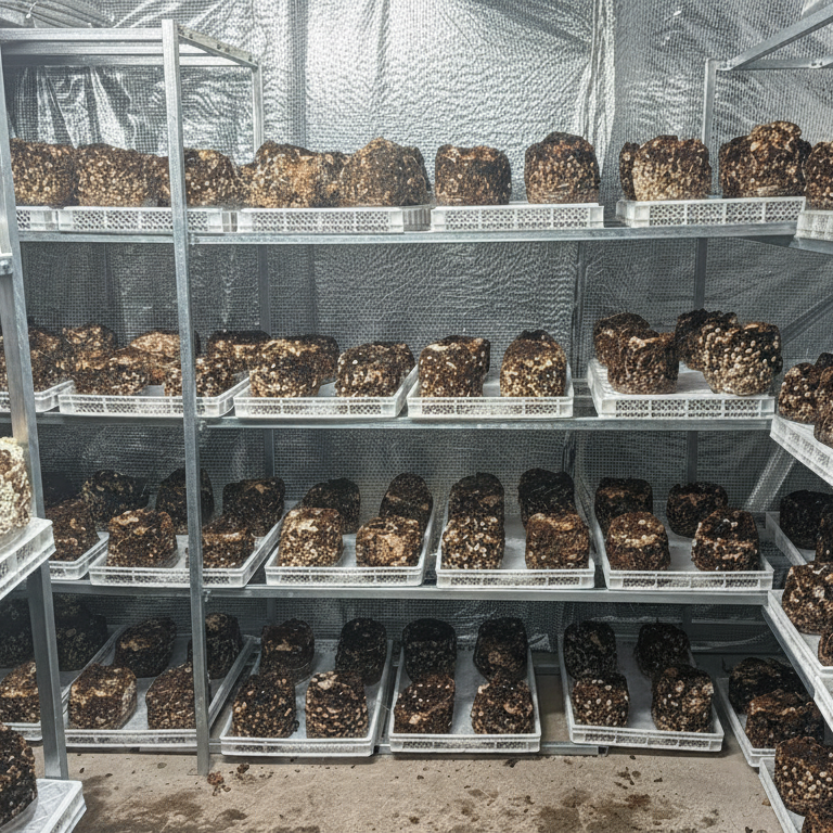 Shiitake Produktionsblöcke im Grow Room bei MycoGenetics.