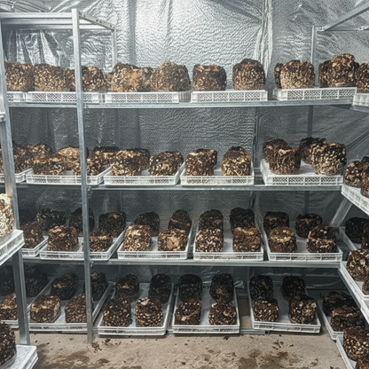 Shiitake Produktionsblöcke im Grow Room bei MycoGenetics.
